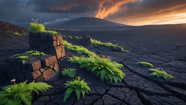 Volcanic Landscape with Cracked Earth and Lush Green Vegetation at Sunset photo