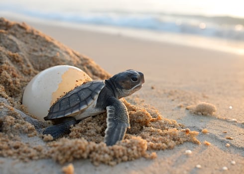 A baby sea turtle hatching on a beach photo