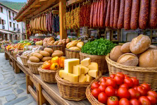 Street market displaying fresh produce, cheese, bread and sausages photo