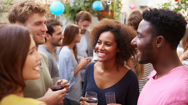 Friends enjoying a lively gathering outdoors during a summer afternoon with drinks and laughter photo
