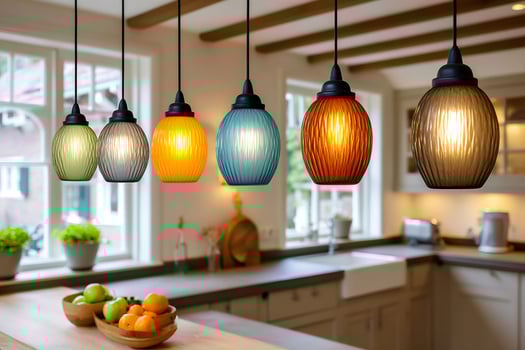 Colorful hanging lamps illuminating modern kitchen photo