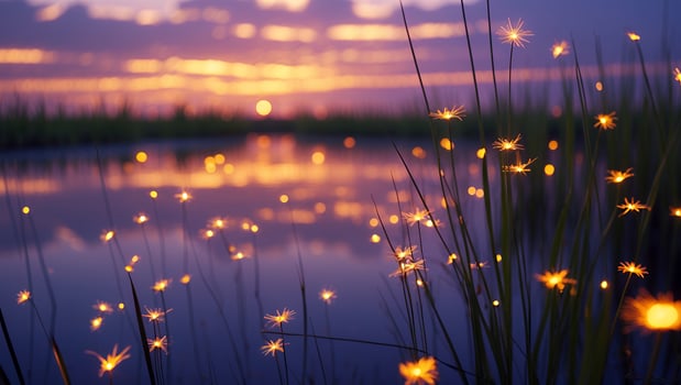 Glowing Flower Lights Reflecting on Calm Lake at Sunset photo