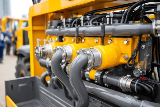Close up of powerful yellow industrial machine engine demonstrating mechanical engineering photo