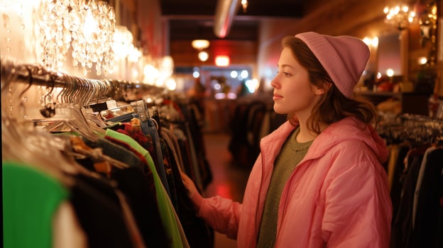 Young woman exploring vintage clothing rack in a cozy boutique during evening hours photo