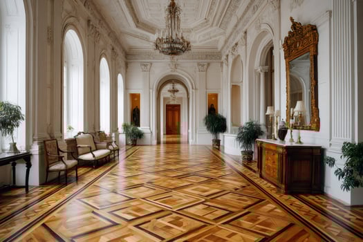 Luxurious palace interior with ornate wooden floor and elegant furniture photo