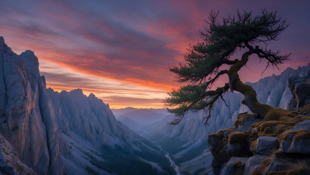 Lone Tree on Cliff Overlooking Mountain Valley at Colorful Sunset photo