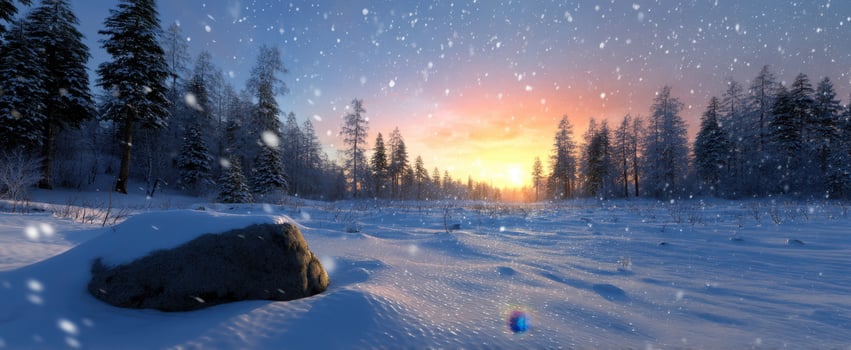 The tranquil winter landscape with sunset and falling snowflakes photo