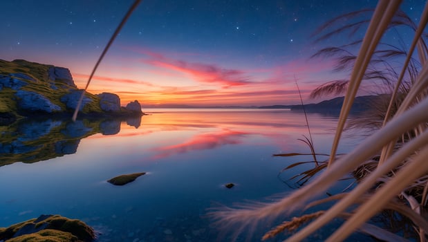 Reflecting Lake at Sunset with Stars and Grass in Foreground photo
