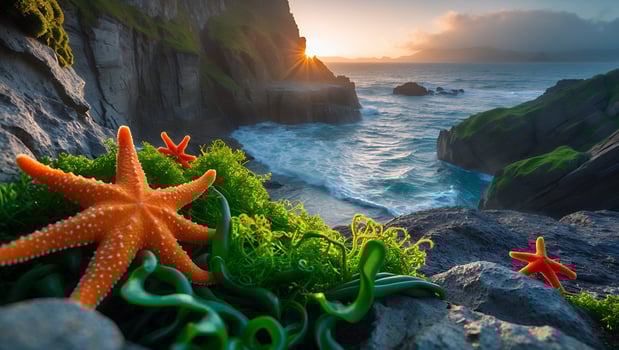 Starfish on Rocky Coastline with Ocean Waves at Sunrise Scene photo