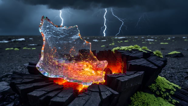 Molten Ice and Charred Wood Landscape Under a Stormy Sky photo
