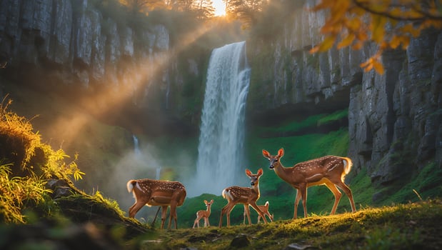 Deer Family Grazing Near Waterfall with Sunlight Shining Through Trees photo