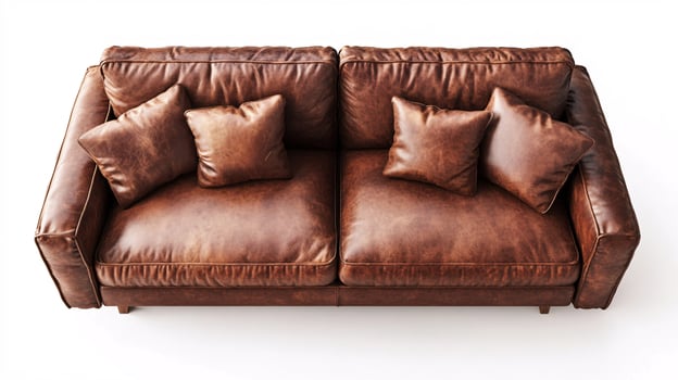 Stylish Top-Down Perspective of a Cozy Brown Leather Couch with Pillows photo