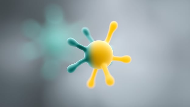 Colorful 3D illustration of a virus structure with yellow and blue elements on a blurred background representing microscopic life and health concepts photo