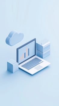 3D illustration of a laptop displaying growth charts surrounded by cloud storage and stacked files representing digital data management and analytics photo