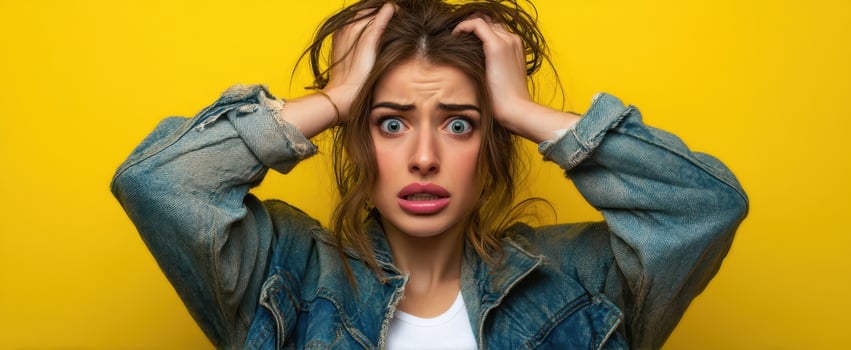 The distressed woman expressing overwhelming emotions against a vibrant yellow background. photo