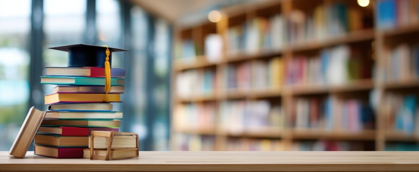 The Graduation Cap on a Stack of Colorful Books in a Library Setting photo