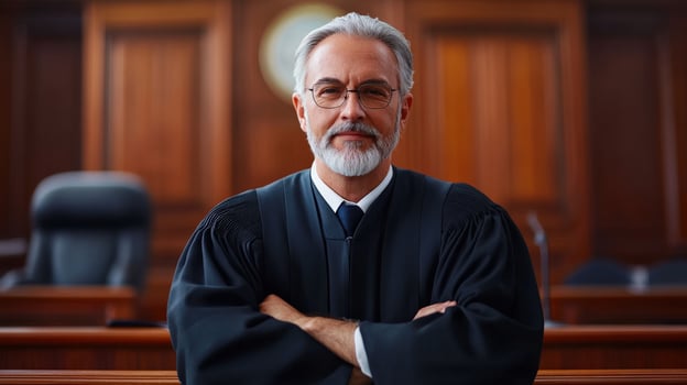A Judge Standing In Court Looking Toward The Camera photo