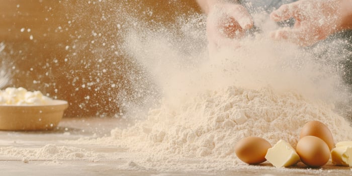A baker claps hands, creating a cloud of flour around eggs and butter on the wooden table photo