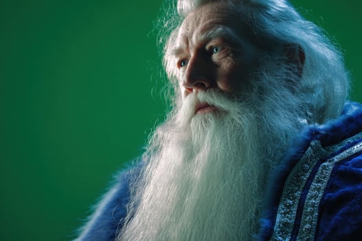 Elderly man with long white beard wearing a detailed blue robe gazes thoughtfully into the distance. His hair flows smoothly, and the expression on his face is serene and contemplative photo