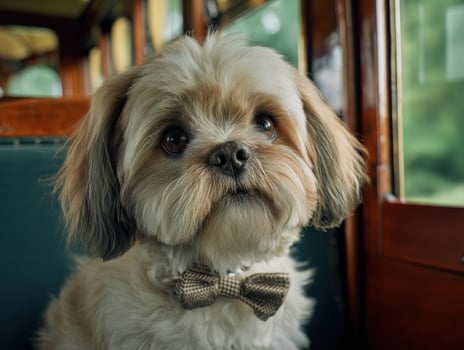 Small fluffy dog with a bow tie, sitting indoors on a train seat, gazing directly with big dark eyes. Its fur is soft and slightly tousled, and the setting is cozy and vintage photo