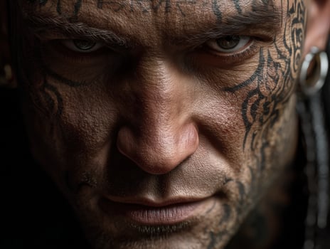 Intense gaze of a person with intricate facial tattoos, earrings, and detailed texture on skin. The expression appears fierce and dramatic, with strong lighting emphasizing features photo