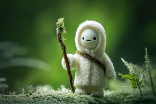 Adorable small figure with a round face, wearing a fluffy white hooded outfit, holding a stick surrounded by green foliage. The atmosphere is whimsical and magical photo