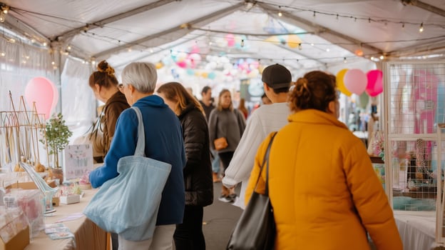 Vibrant market atmosphere filled with shoppers exploring unique local crafts at an indoor fair in the late afternoon photo