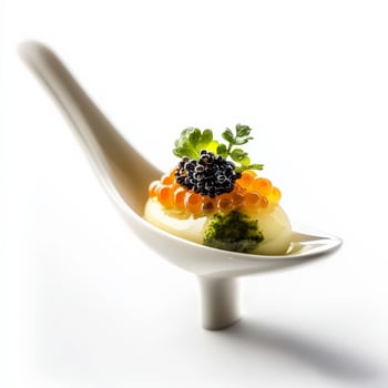 A spoon with a dish of food on it photo