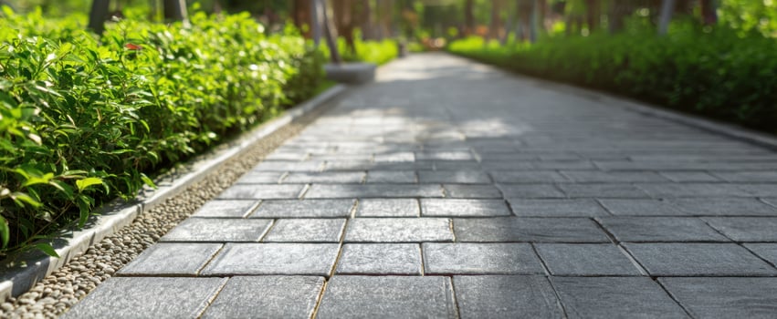 The inviting pathway lined with greenery and sunlight in a serene garden. photo
