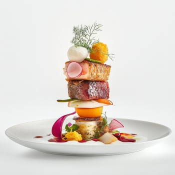 A stack of food on a plate with a white background photo