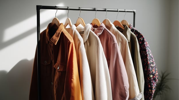 Fashion display of shirts on hangers with soft lighting in a modern indoor setting during daylight hours photo