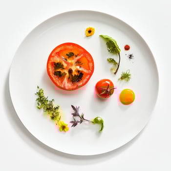 A white plate with tomatoes, herbs and other vegetables photo