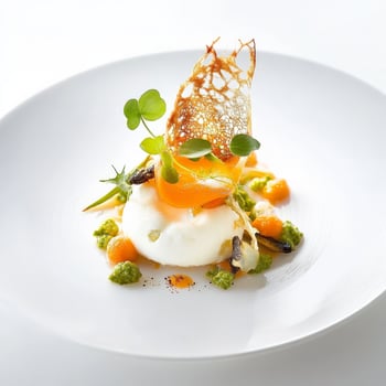 A white plate topped with an egg and vegetables photo