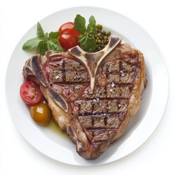 A piece of steak with vegetables and tomatoes on a white plate photo