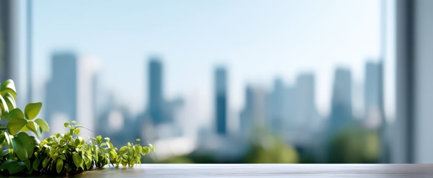 The Plant and City Skyline Blending into a Tranquil Workspace Scene photo