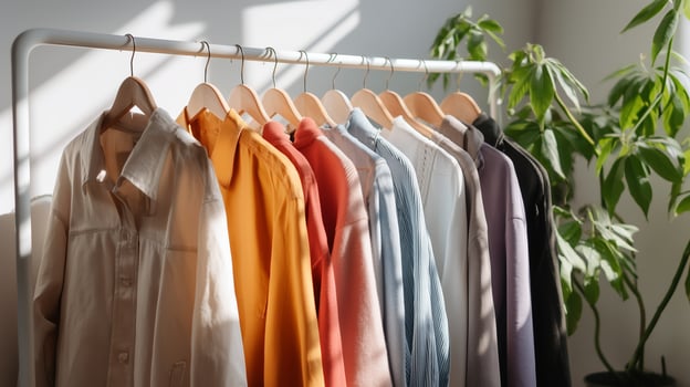 Colorful shirts hanging on a rack in a sunlit room with indoor plants showcasing vibrant fashion choices photo