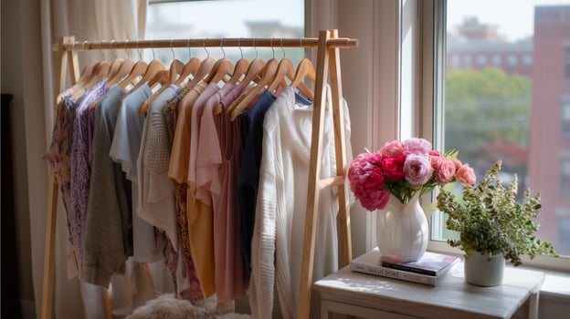 Colorful clothing displayed on a wooden rack beside flowers in a bright indoor setting during daytime photo