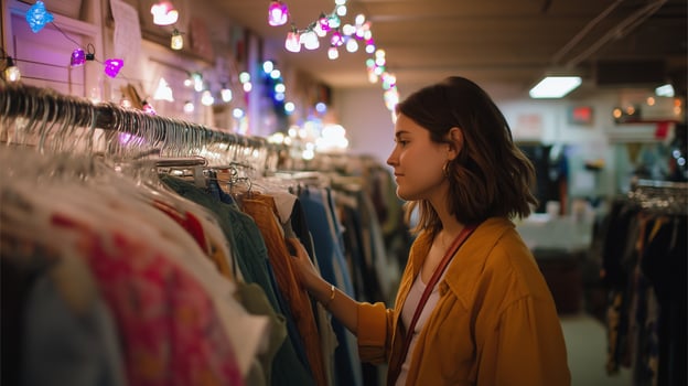 Exploring vintage finds in a cozy thrift store during an evening shopping adventure photo