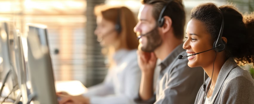 The cheerful customer service representatives engaged in collaborative tasks. photo