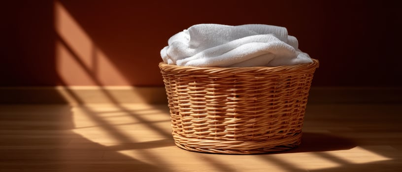 Laundry basket filled with white clothes sunlit room still life cozy atmosphere indoor perspective photo
