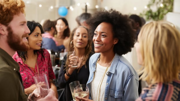 Friends enjoy lively conversation and drinks at a social gathering in a cozy indoor setting during the evening photo