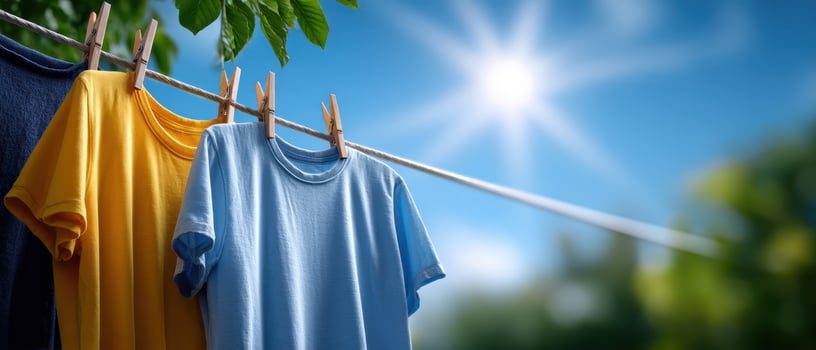 Clothes drying on a line in sunny backyard outdoor photography bright atmosphere photo