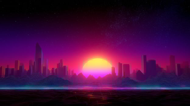 Vibrant sunset over a futuristic city skyline with dramatic colors and silhouettes photo