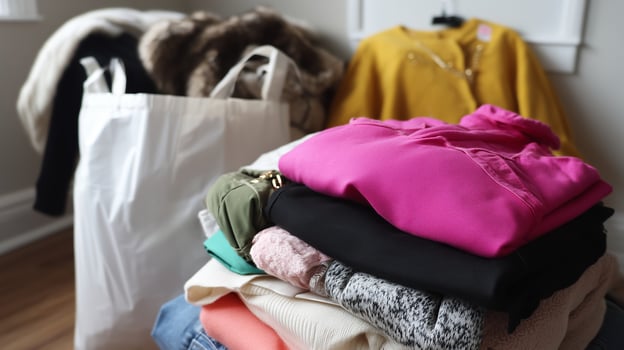Fashion items neatly arranged on a table in a cozy room with bags in the background photo