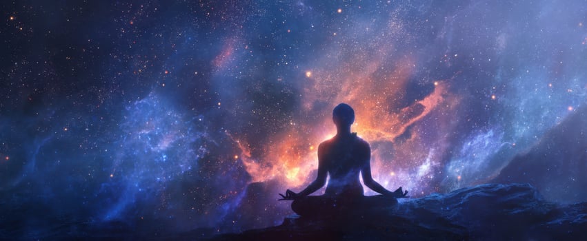 The silhouette meditating amidst a vibrant cosmic background filled with stars. photo