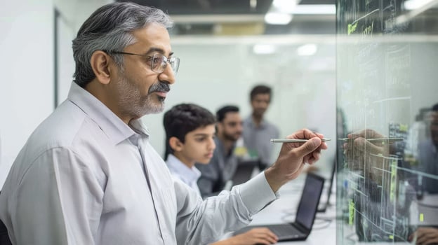 Elderly caucindian male teaching diverse adult and teen students in modern classroom setting focused on technology and innovation. Mentor worker photo