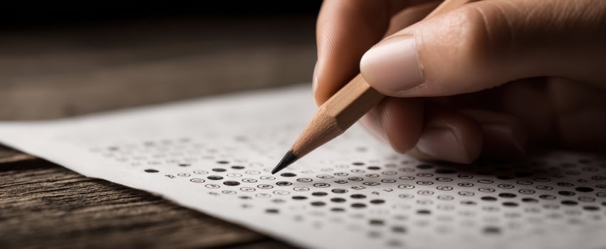 The hand holding a pencil marking answers on a test sheet. photo
