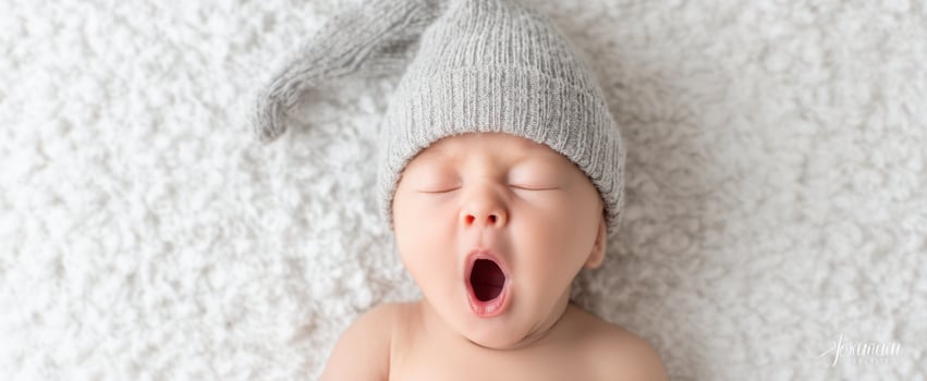 The adorable baby yawning peacefully in a cozy gray hat on soft blanket. photo