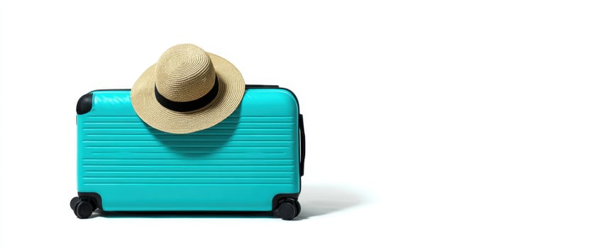 The turquoise suitcase with a stylish straw hat ready for adventure. photo