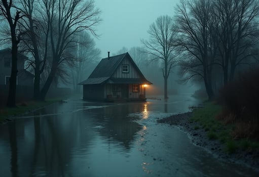 A house sits in the middle of a flooded river photo